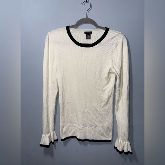 Ann Taylor Factory Knit Ribbed Sweater Ruffle Sleeve Cream & White Womens Medium - Picture 1 of 7